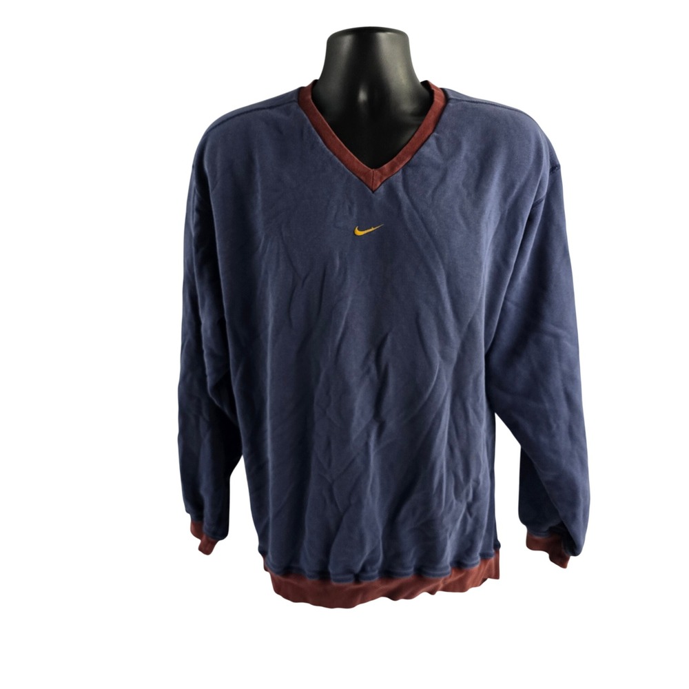 Vtg Nike Sweatshirt Mens XL Blue V Neck Embroidered Swoosh Long Sleeve center